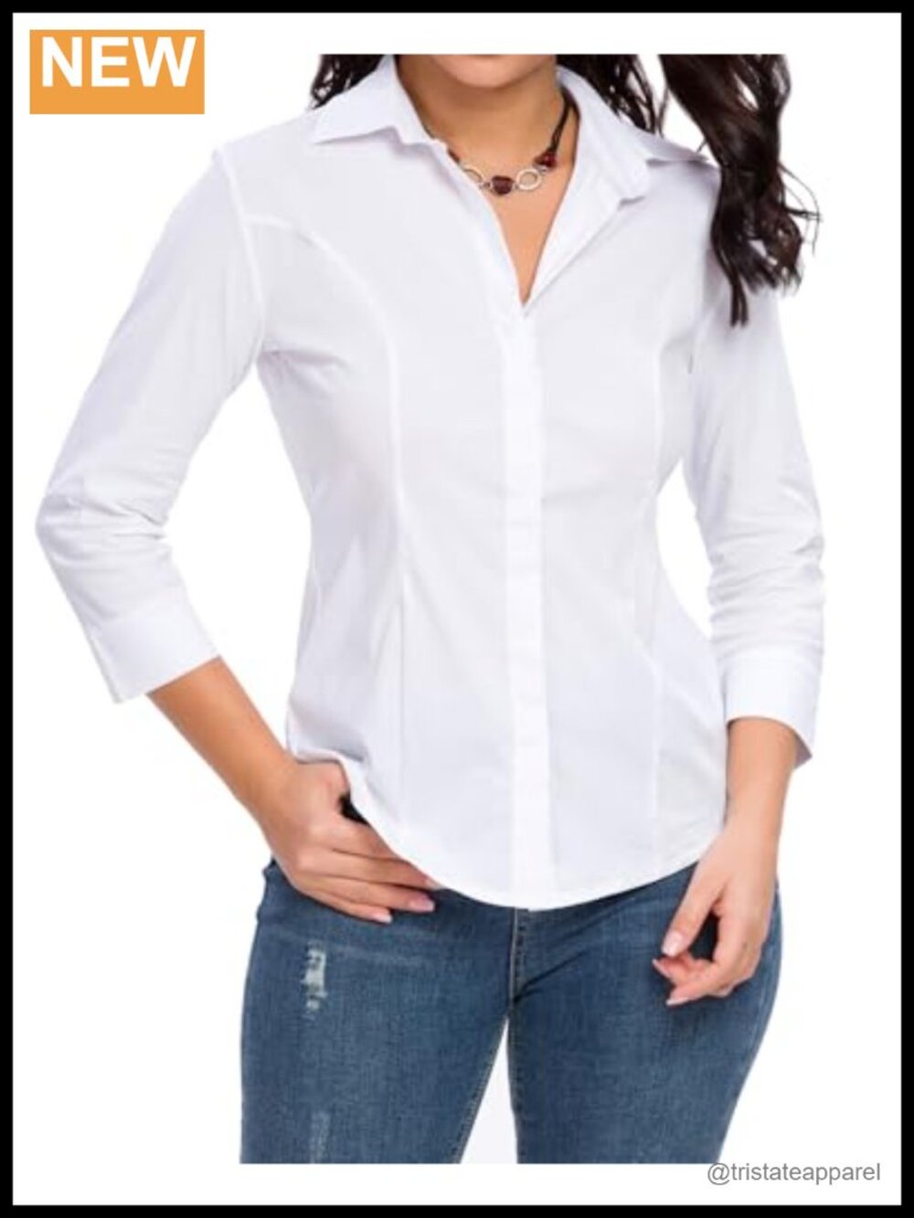 Women's 3/4 Sleeve Stretch Cotton Button Down Shirt Office Casual Top